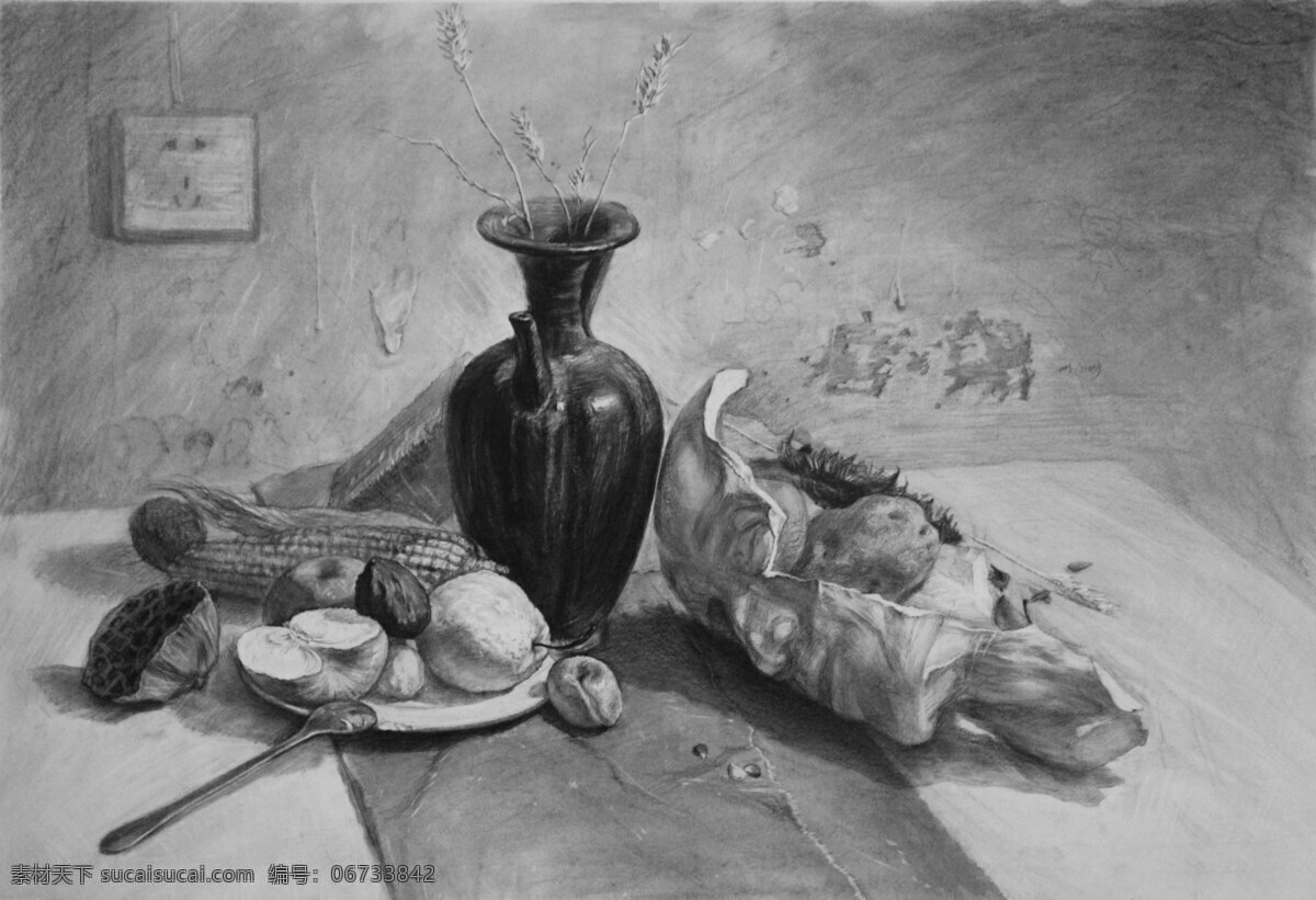 美术 素描 静物 物品 高清 素描画 静物画 花瓶 水果