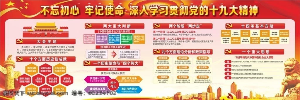 十九大精神 口号 党建 展板 讲文明 树新风 展板模板 十九大 党徽 城市 华表 狮子 党建精神 学习党的精神 文化艺术 红色文化 喜庆 不忘初心 牢记使命