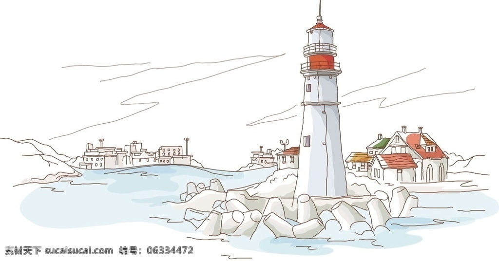 手绘灯塔港湾 灯塔 海港 景观 帆船 大海 建筑 线条 手绘 线稿 白描 矢量 矢量图 城市建筑 建筑家居