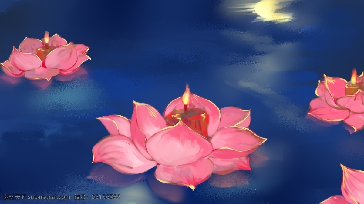 荷花灯插画 荷花灯 湖面 放灯 中元节 插画