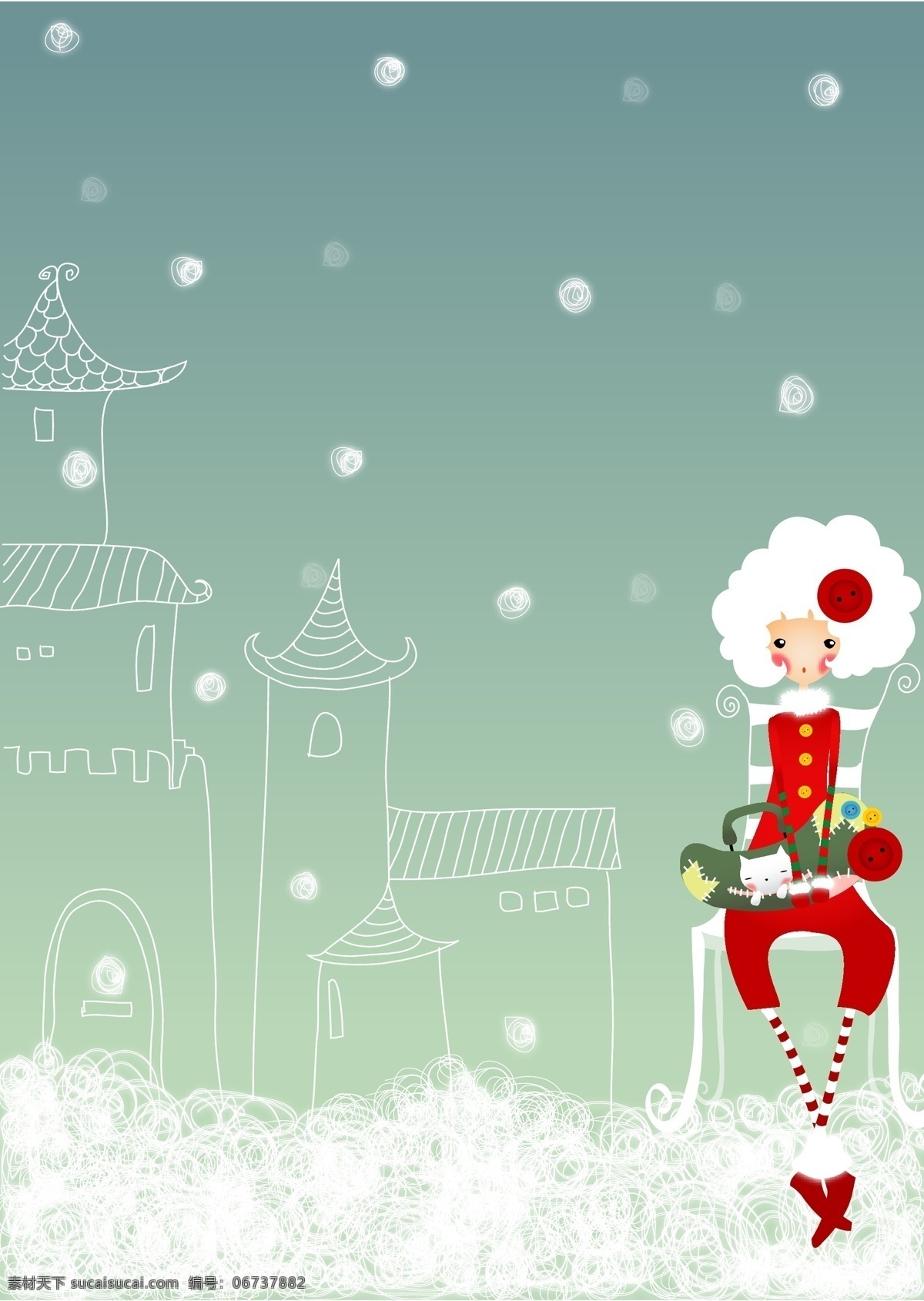 韩国 钮扣 少女 矢量 插画