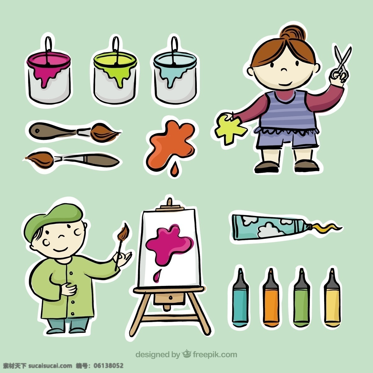 小 画家 素描 绘画 工具 儿童 手 油漆 手绘 飞溅 刷子 铅笔 笔记本 墨水 创意 油画 刀