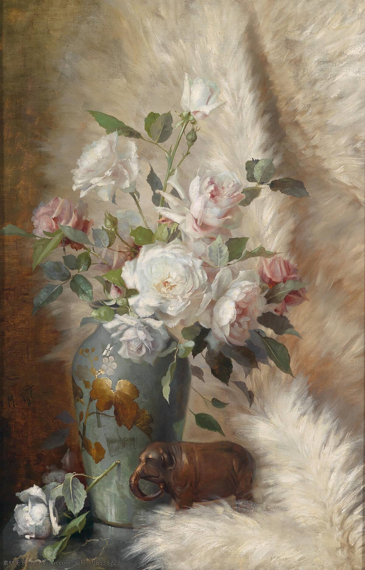 静物鲜花 混搭鲜花 永恒之美 青色花瓶 木雕大象 19世纪油画 油画 绘画书法 文化艺术