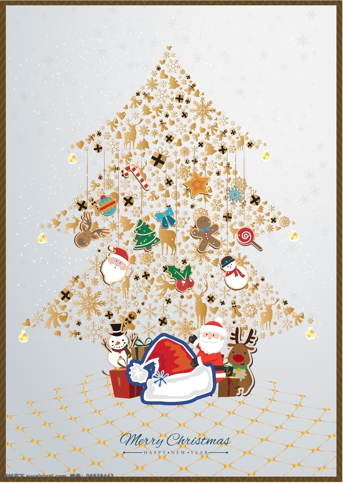 merrychristmas 圣诞节 插画 圣诞老人 礼物 雪花 圣诞 圣诞树 雪人 驯鹿 金色 雪