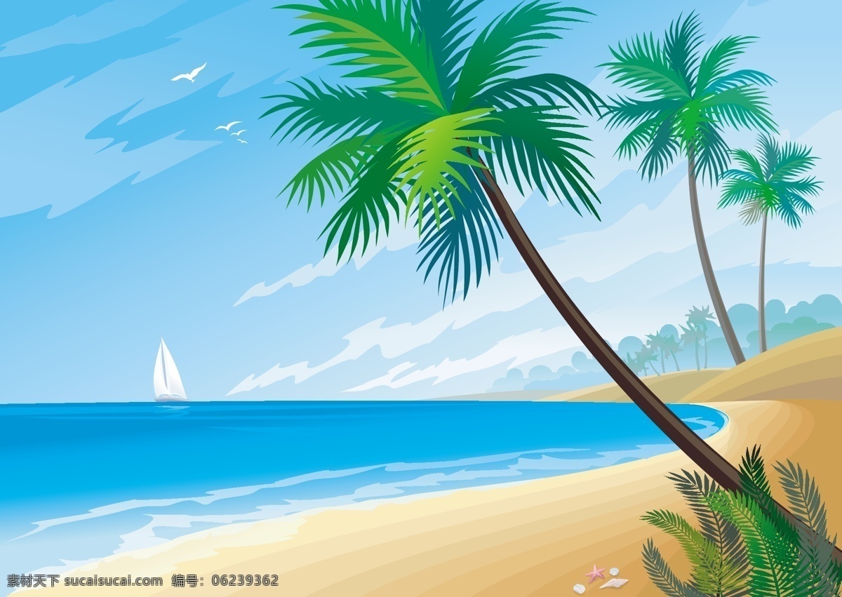 白云 背景 底纹 底纹背景 底纹边框 风光 风景 海滩 海洋 夏日 矢量 模板下载 夏日海滩风景 沙滩 椰子树 蓝天 梦幻 psd源文件