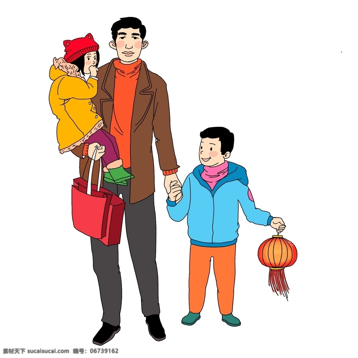 春节 拜年 免 抠 新春 新春快乐 父子 红灯 节日送礼 父女 爸爸 带 儿女 回家 春节快乐 看望亲友