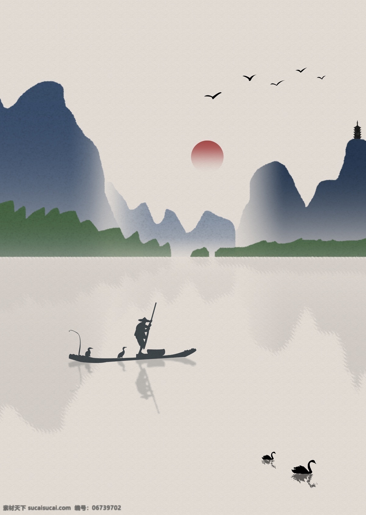 简约 青 调 桂林 山水 插画 书法 装饰画 极简 山水画 打渔船 小鸭子 书房 请色调 样板房挂画