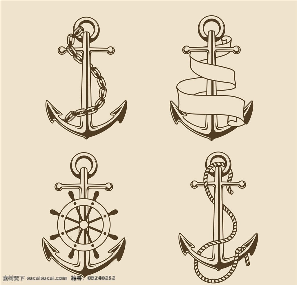 复古 手绘 船 锚 矢量 船锚 轮船 航海 元素 船舵 矢量素材