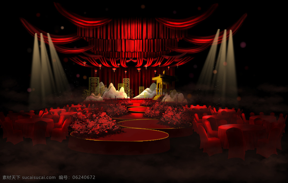 中式婚礼 古典 中国风 婚礼 灯光 布幔 舞台 桌子 凳子 假山 亭子 花艺
