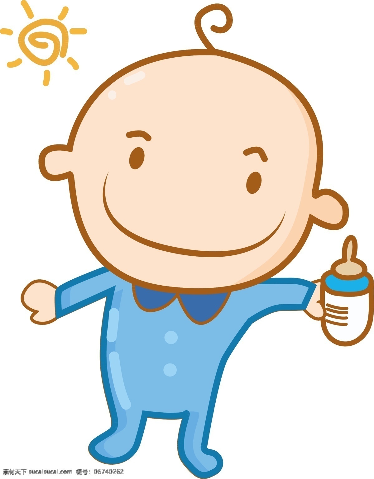 婴儿 奶瓶 太阳 插画 可爱的婴儿 白色的奶瓶 黄色的太阳 开心的婴儿