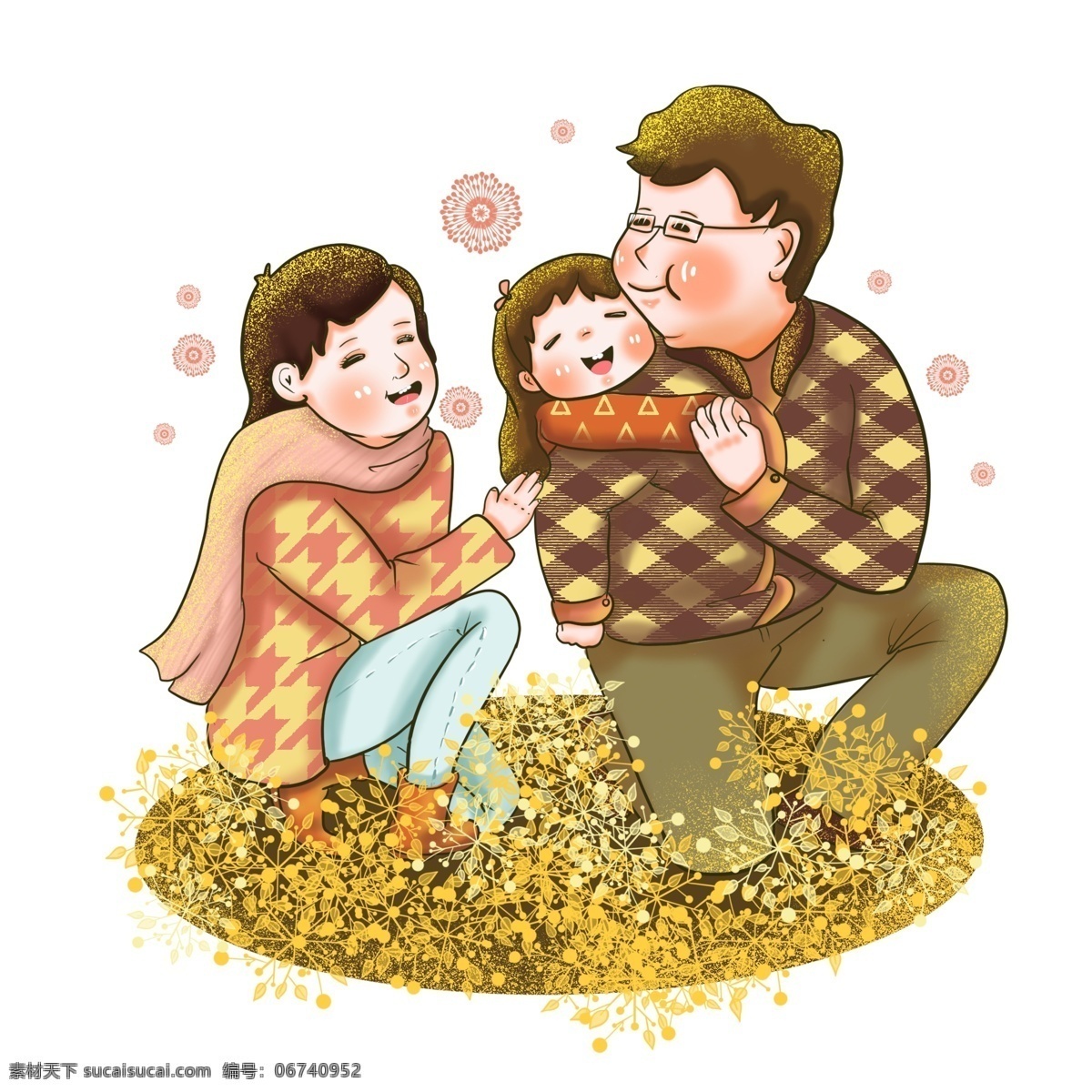 手绘 一家 三口 休闲 幸福 时光 爸爸 妈妈 孩子 一家三口 女儿 快乐 一家人
