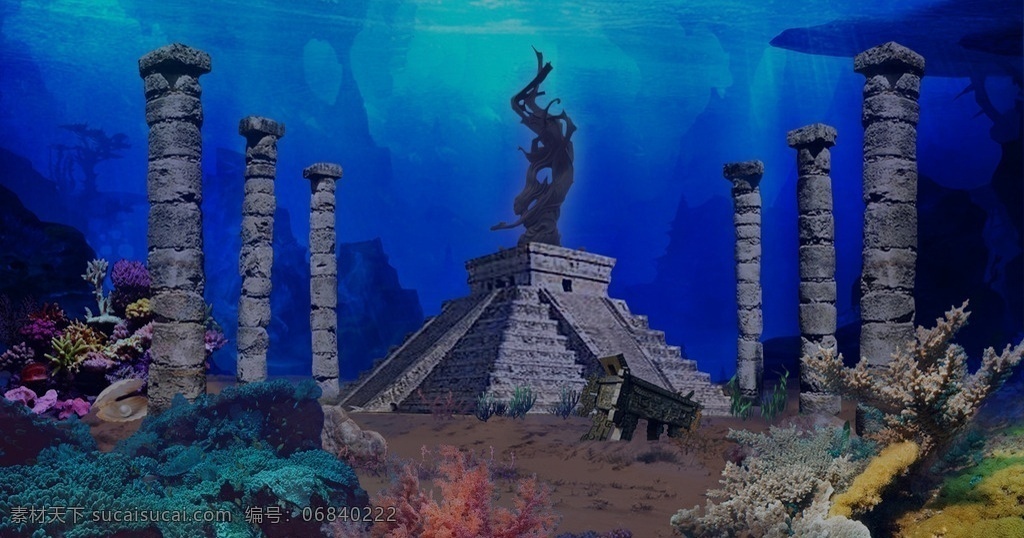 海底游戏场景 游戏场景 海底废墟 海底石柱 珊瑚珍珠水草 海底雕像 精卫雕像 石鼎 海底场景 背景 分层 背景素材