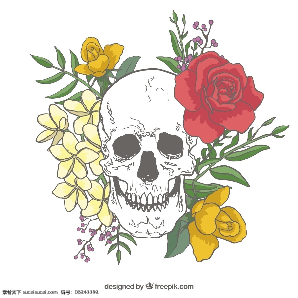 头骨 背景 玫瑰 手工 绘制 叶子 花卉 手 自然 花卉背景 手绘 树叶 装饰 绘画 自然背景 骨骼 背景花 哥特式