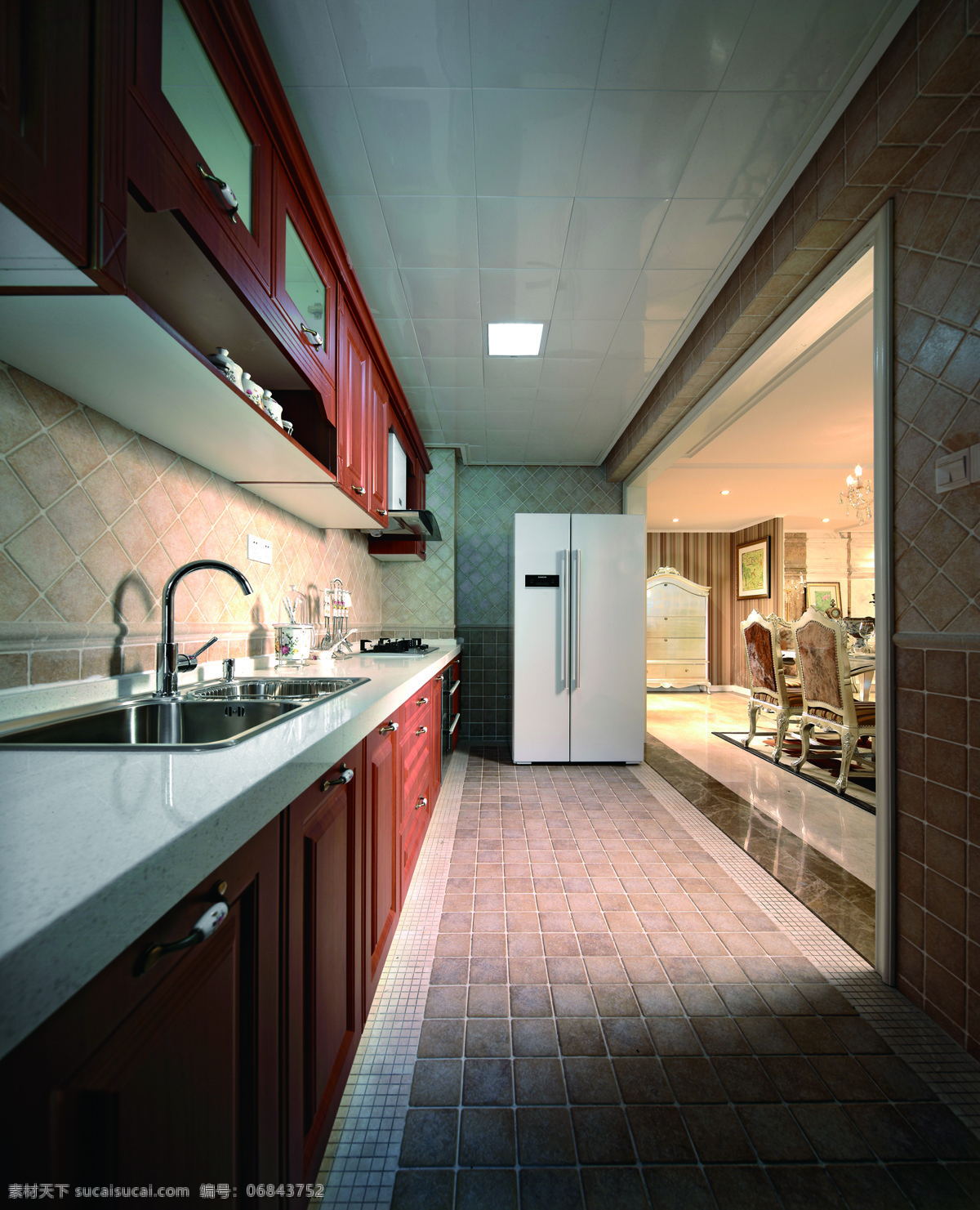 简约 厨房 白色 大理石 台面 装修 效果图 冰箱 方形吊顶 灰色地板砖 木质橱柜 木质吊柜