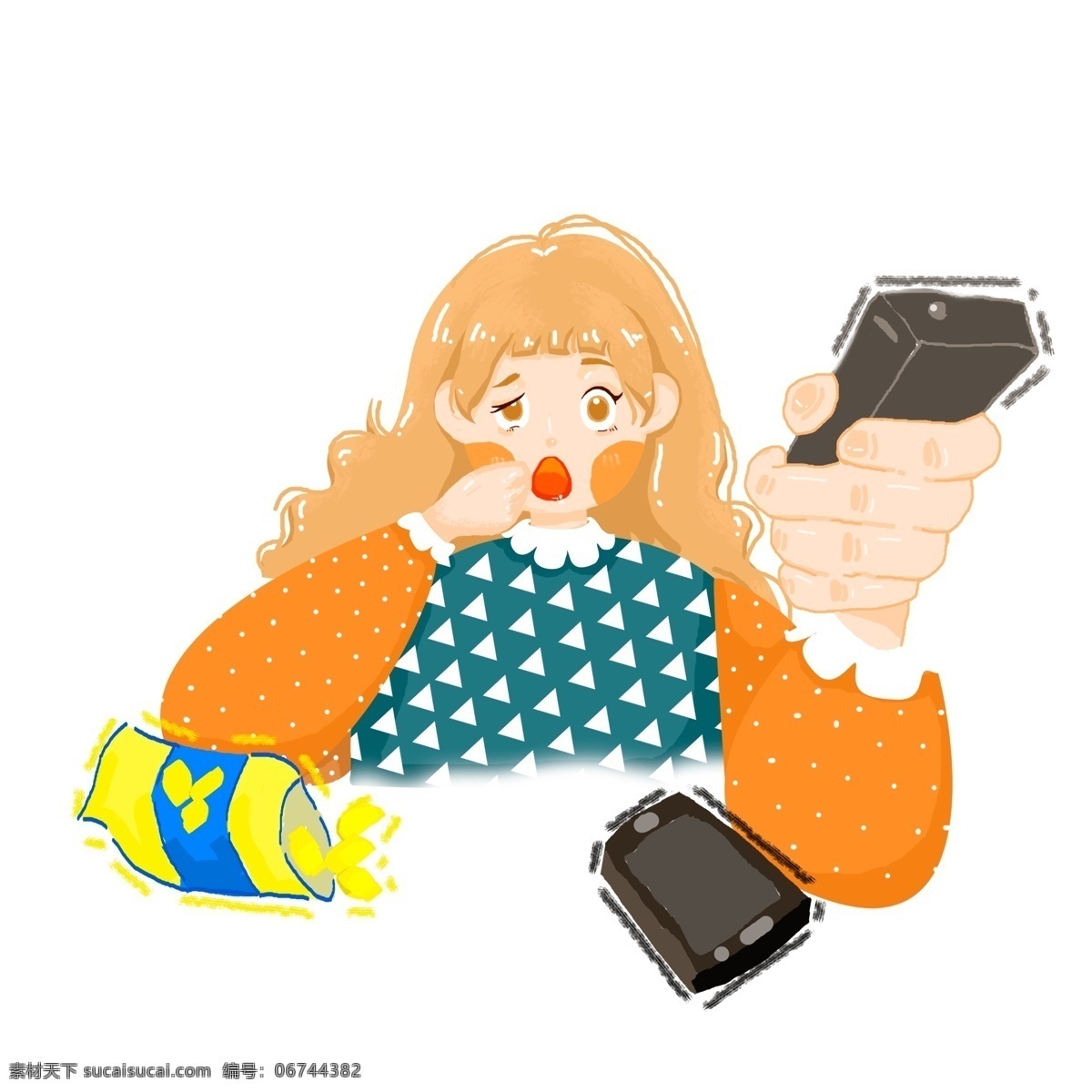 遥控器 吃 薯片 女孩 卡通 创意 手机 插画 女生 遥控 吃薯片 吃零食