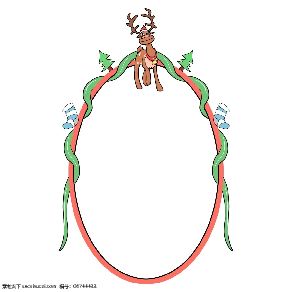 圣诞节 椭圆 小鹿 边框 圣诞节边框 可爱的小鹿 边框插画 手绘边框 红色的边框 绿色的圣诞树 小鹿边框插画