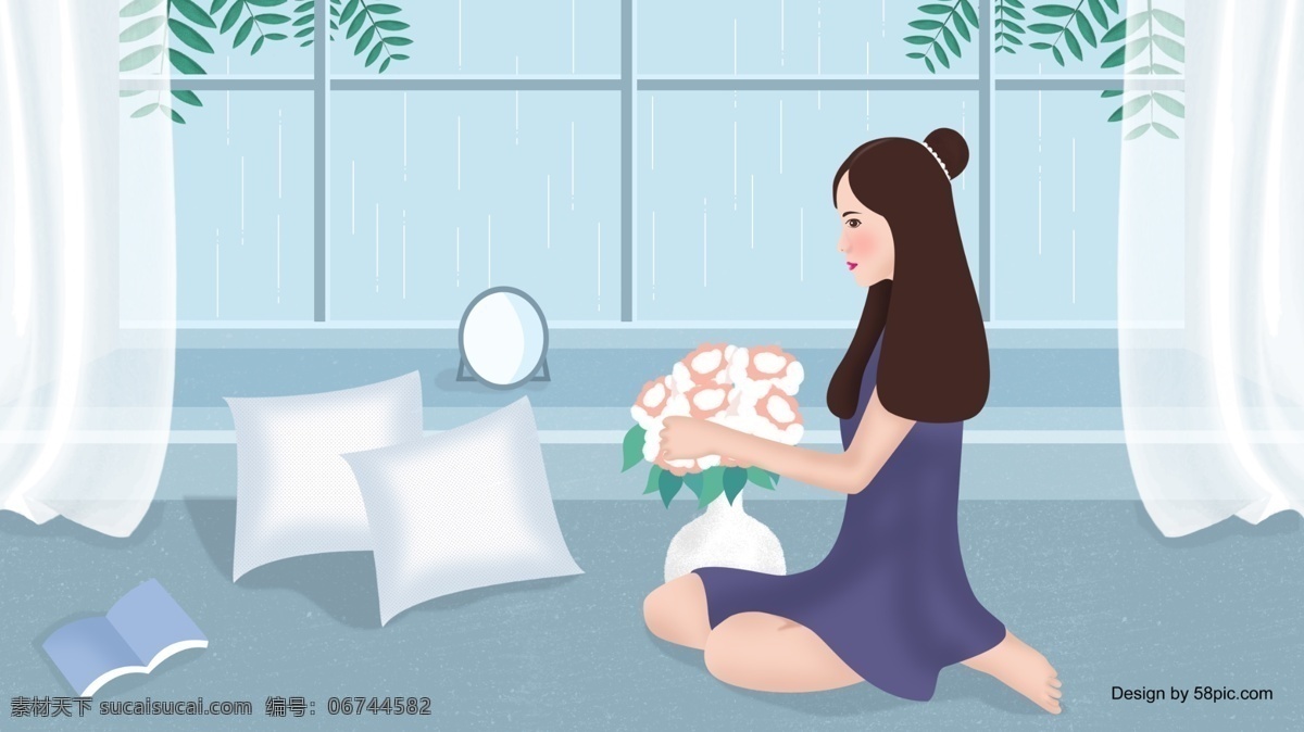 清新 早安 你好 居家 插花 女孩 插画 唯美 少女 你好早安 餐饮插画 朋友圈配图 锁屏壁纸 桌面壁纸 你好系列 日签 手机配图 唯美清新 早晨 清晨 花 女生插画 居家女孩 居家生活 雨天 长发女孩