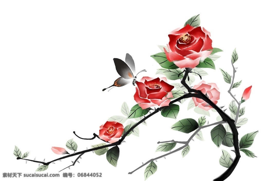 手绘蝴蝶 牡丹分层素材 手绘 蝴蝶 牡丹 水墨画 分层 源文件