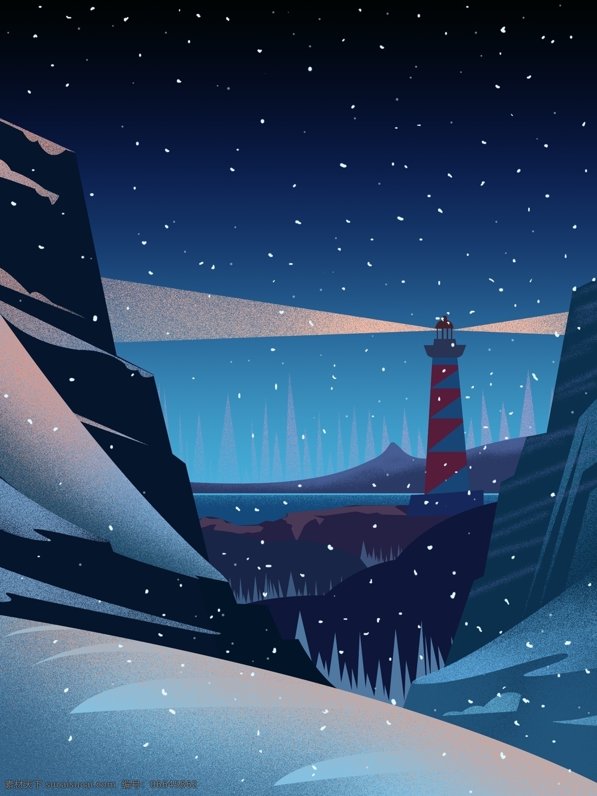 冬季 风光 唯美 插画 下雪 肌理 相册封面 海报背景 天空 冬季风光 唯美插画 治愈 灯塔 海岸 山崖 安静 光鲜 松树林 积雪 电脑桌面 手机壁纸 文案配图 朋友圈配图 肌理写实 山谷 远山 冷色系 大雪