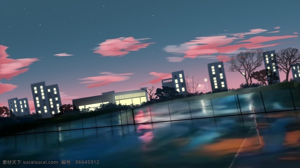 雨 后 入夜 时 红色 晚霞 中 校园 操场 星空 云 蓝色 清新 建筑 雨后 夜晚 治愈 灯光 壁纸