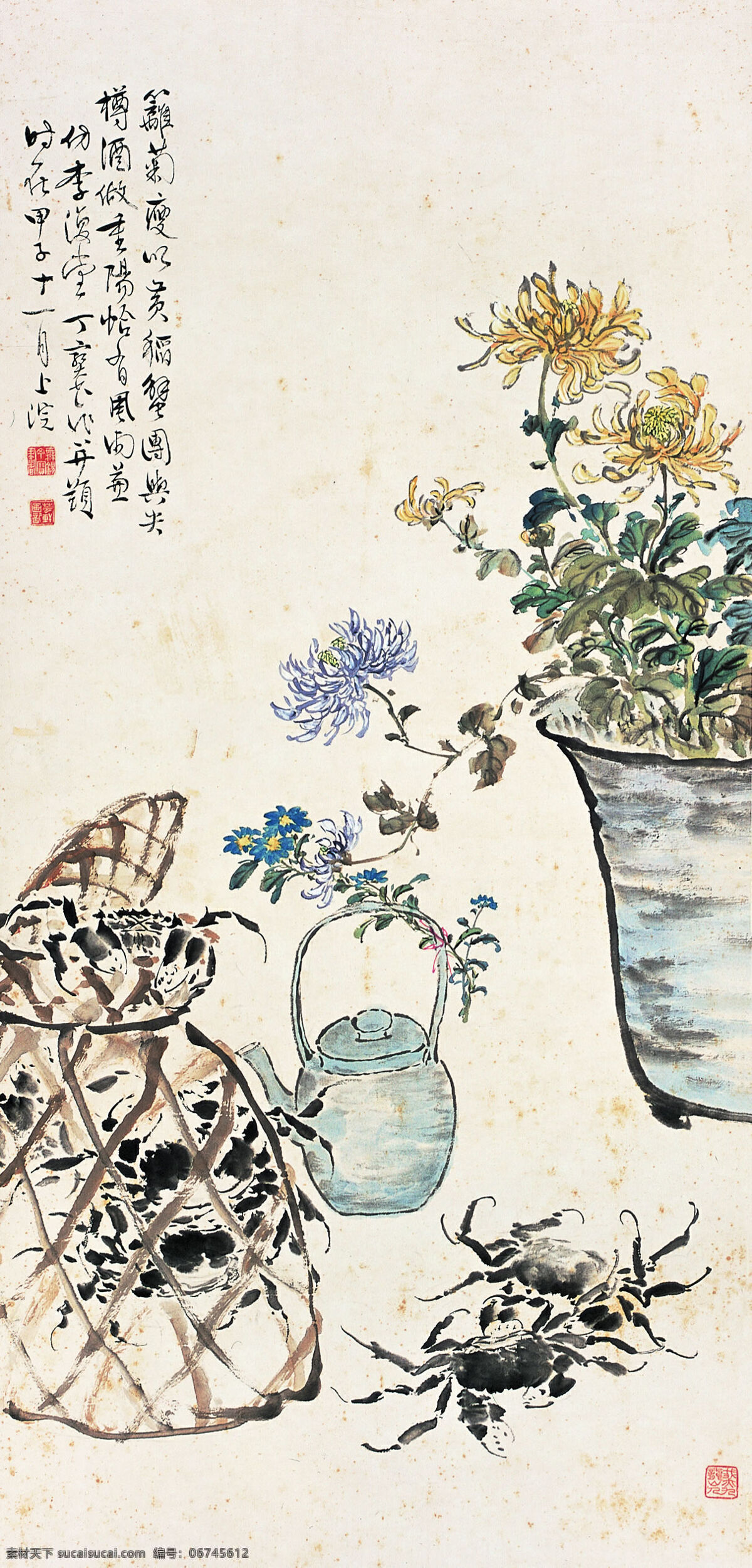 菊 留 秋色 蟹 螯 肥 刺绣 菊花 螃蟹 室内装饰设计 中国画 立轴 写意花卉虫鱼 丁宝书作品 工艺美术 平面广告 装饰设计 文化艺术