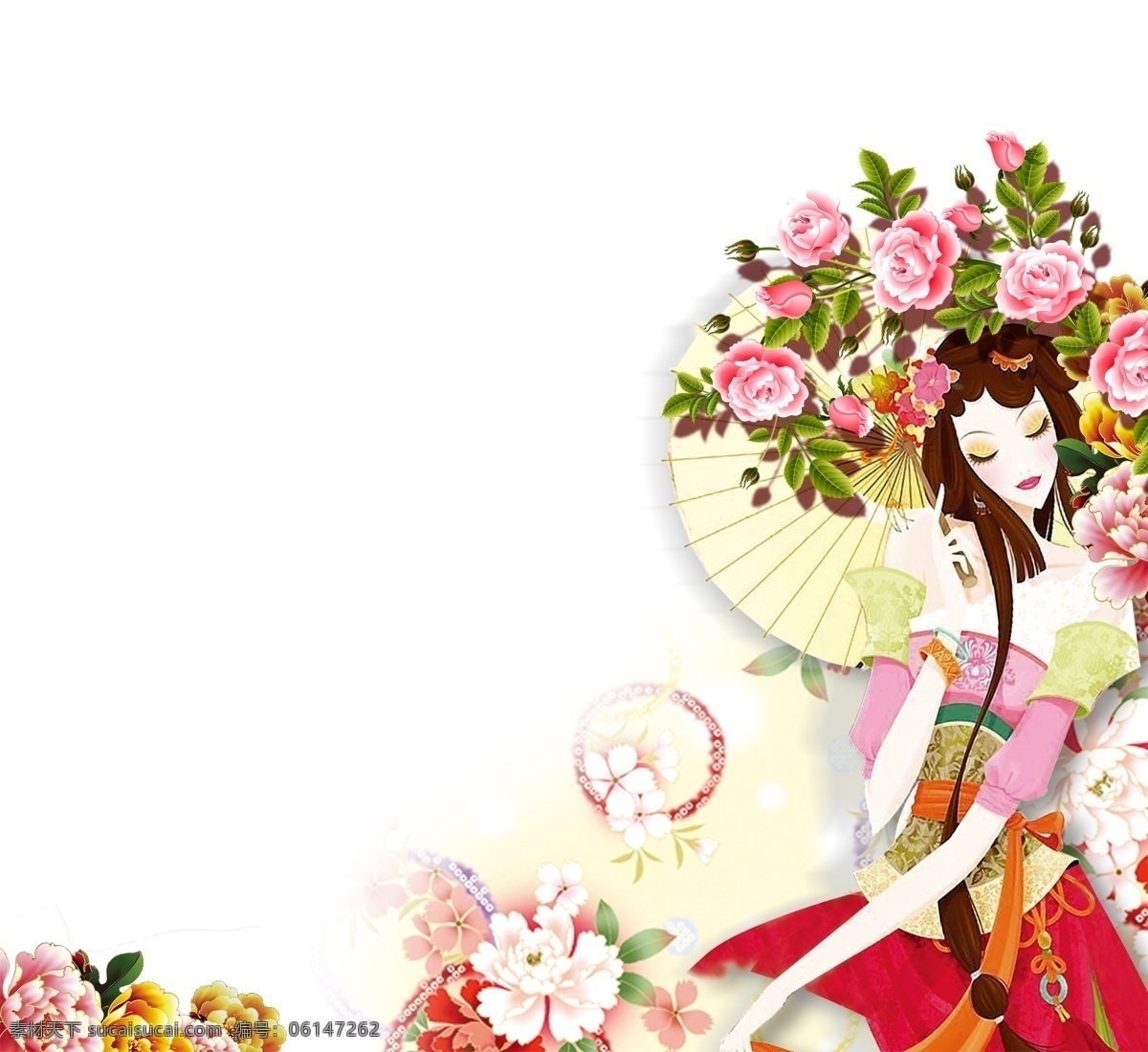 古典 手绘 花丛 美女 形象 彩色 中国风 唯美 花 插画免扣素材 古风海报制作 女子 古装 服饰 装饰 海报
