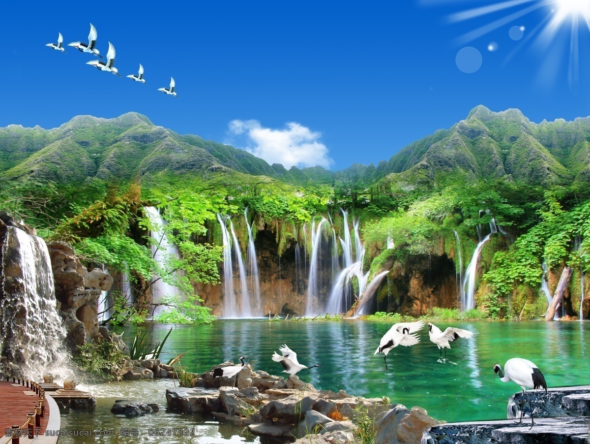 风景画 风景 风景如画 山水 山水画 山水风景 山水瀑布 流水 高山流水 山涧 假山 瀑布 瀑布风景 鹤 仙鹤 白鹤 石头 水 桥 路 自然风景 蓝天白云 美景 人间仙境 模板 彩虹 装饰画 壁画 中堂壁画 无框画 家居装饰画 大厅画 挂画 客厅挂画 移门 玻璃移门 分层 源文件
