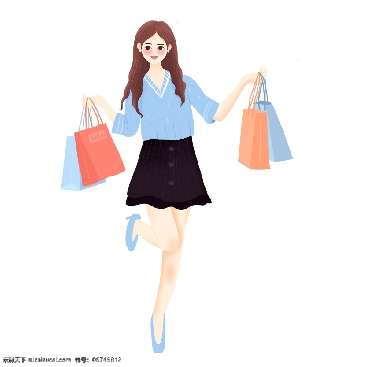 手绘 购物 女孩 人物 元素 长发女孩 插画元素 png元素 清新 女孩设计元素