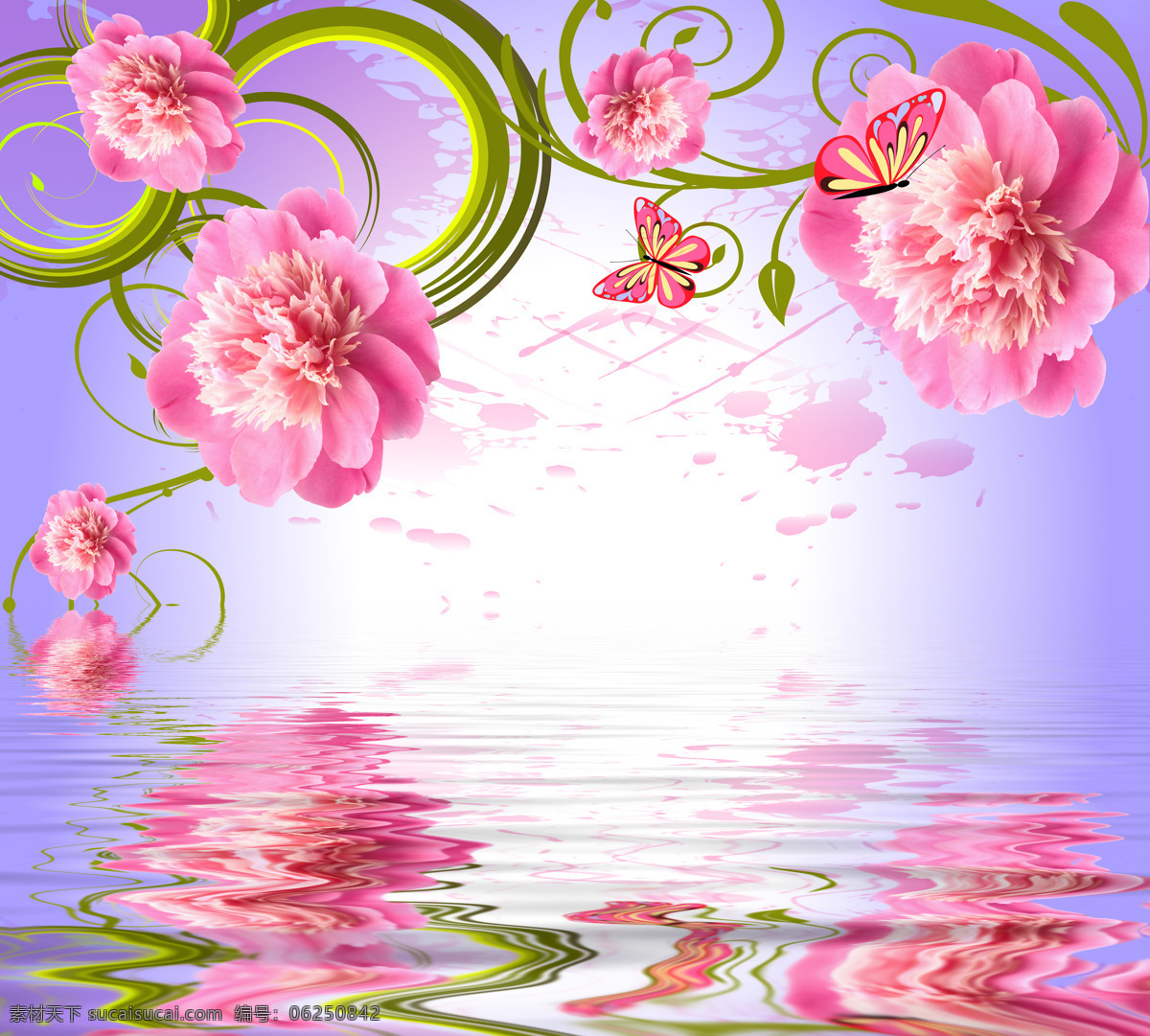 镜 中 花 装饰画 效果图 花朵 粉色 水中 装饰图