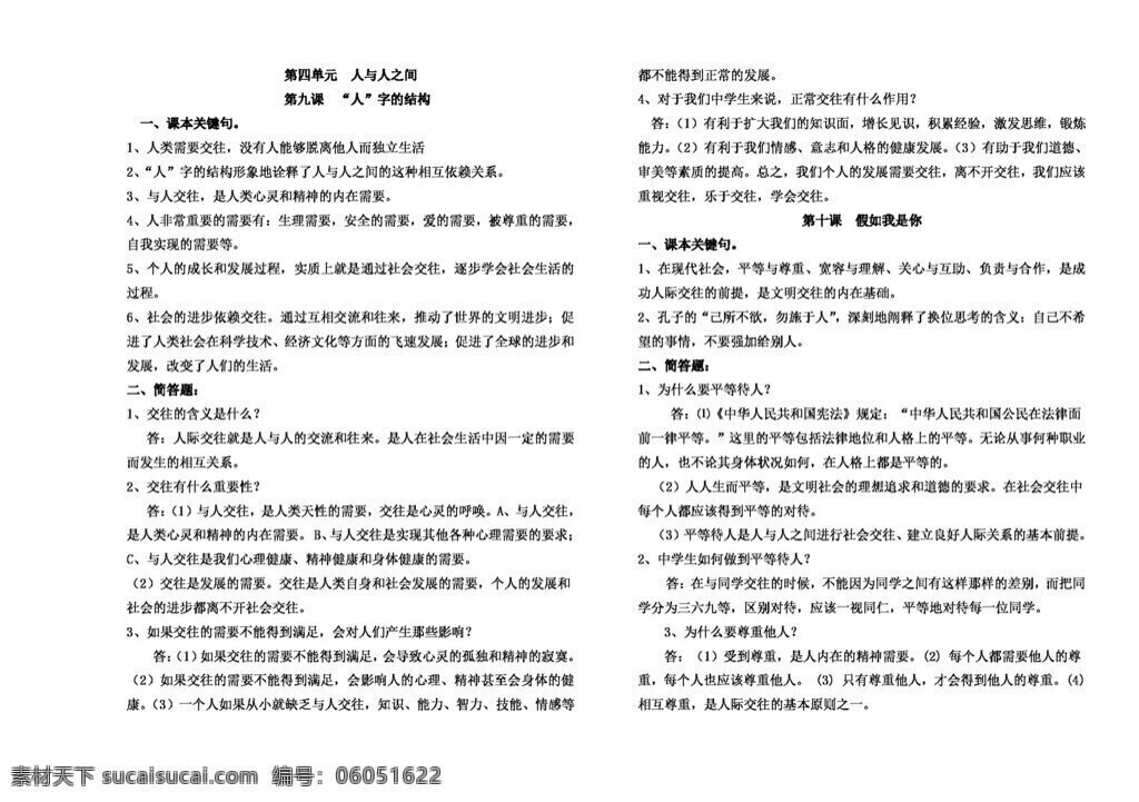 七 年级 上册 思想 品德 教科 版 四 单元 人与人之间 基础知识 复习 要点 教科版 七年级上册 思想品德 学案