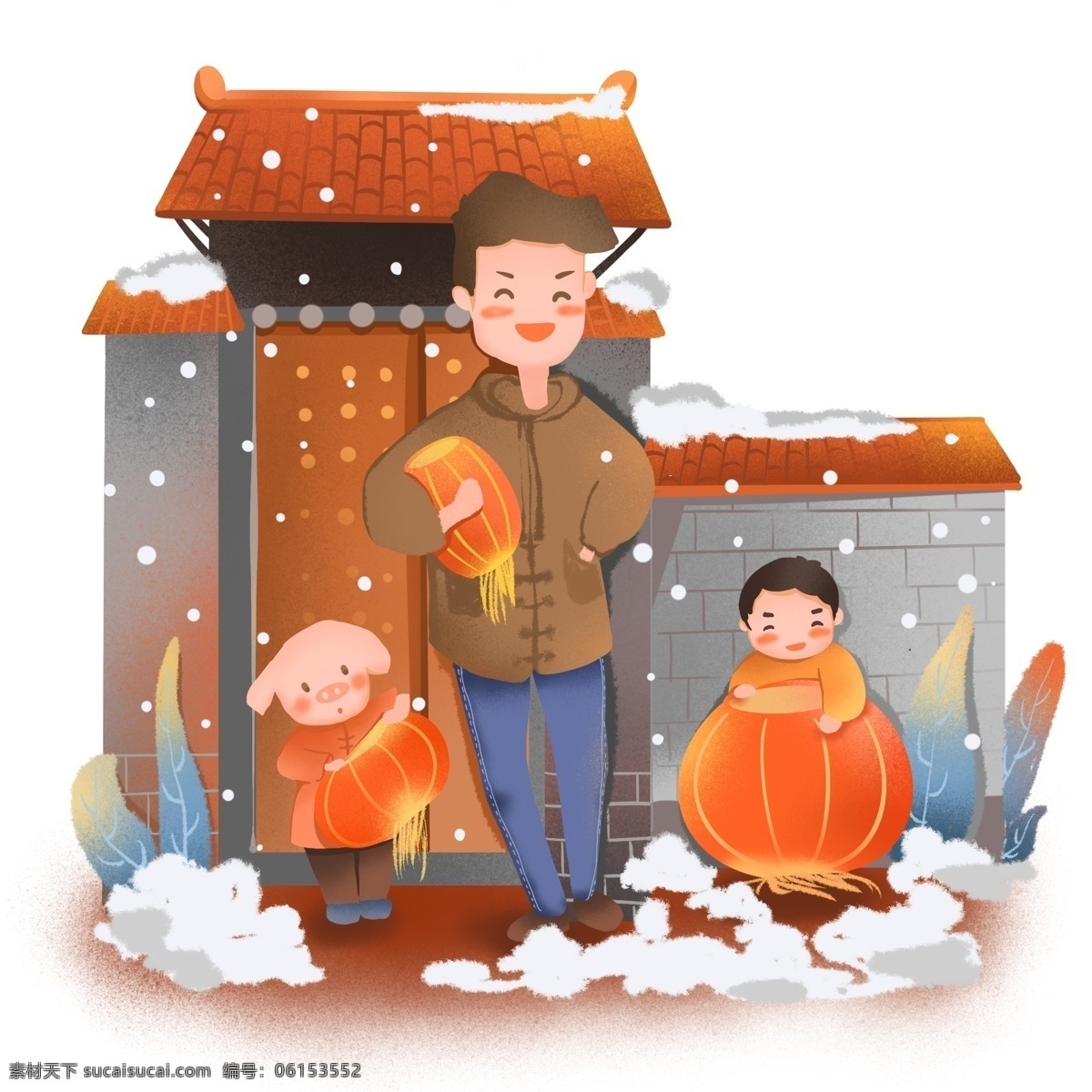 元旦 挂 灯笼 喜庆 场景 插画 2019 新年 下雪 小清新