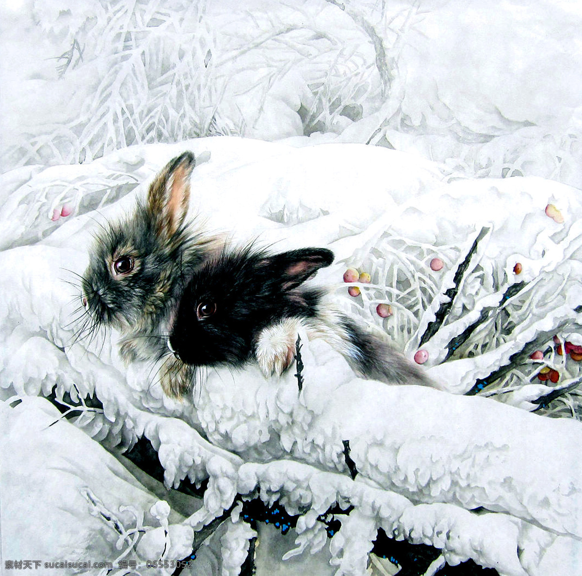 大雪 冬天 工笔画 国画艺术 绘画 绘画书法 美术 免子 雪中双兔 中国画 灰兔 雪野 雪地 书法 印章 国画集25 文化艺术 家居装饰素材 雕刻 图案