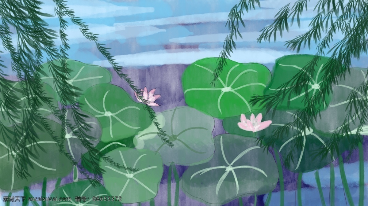静物 荷叶 夏天 插画 风景 荷花 绘画 柳枝 配图