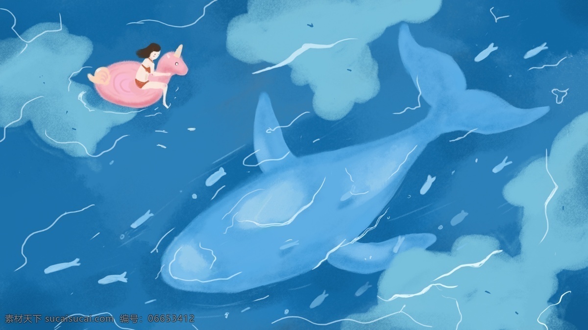 简约 清新 治愈 风 深海 遇 鲸 插画 小清新 大海 游泳