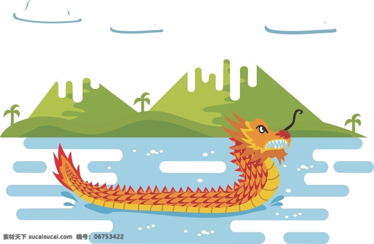扁平化 端午节 龙舟 手绘 高清免抠 大图免抠 300像素图 eps图免抠 白云 湖水 青山