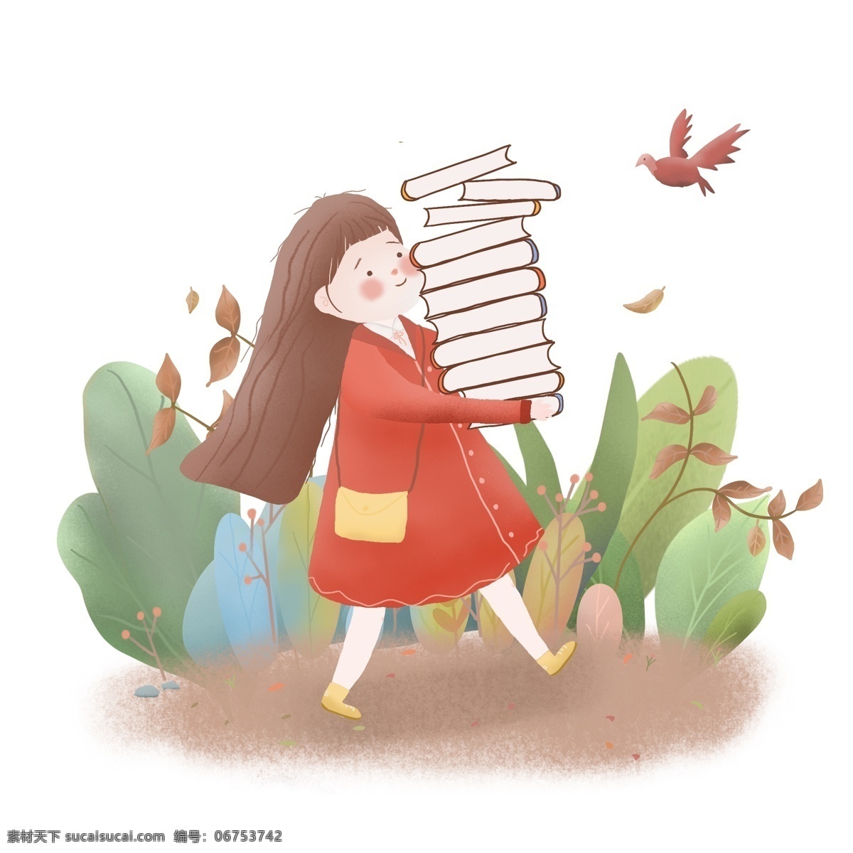 抱书女孩 小孩 看书 学习 手绘 儿童 免抠 读书