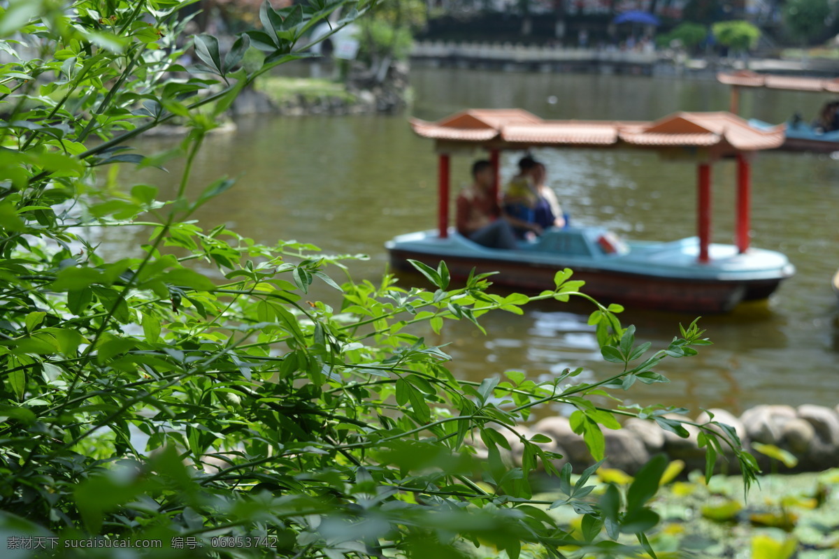 公园一角 公园 游船 游人 小船 划船 绿叶 植物 春天 绿色 荷塘 湖 自然景观 自然风景