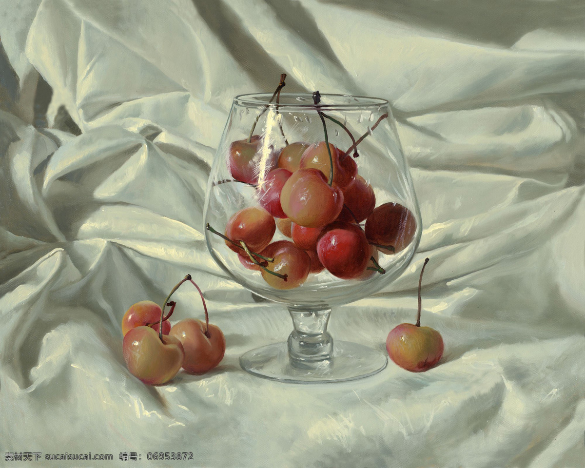 白布 高脚杯 绘画书法 绘画艺术 静物 文化艺术 樱桃 油画 设计素材 模板下载 油画静物 家居装饰素材