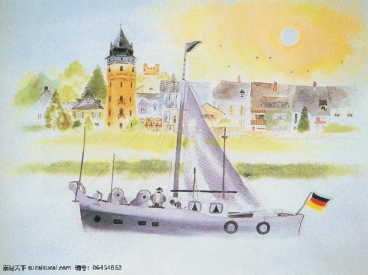 插画免费下载 插画 城堡 黄昏 绘画书法 轮船 天空 文化艺术 轮船设计素材 轮船模板下载 插画集