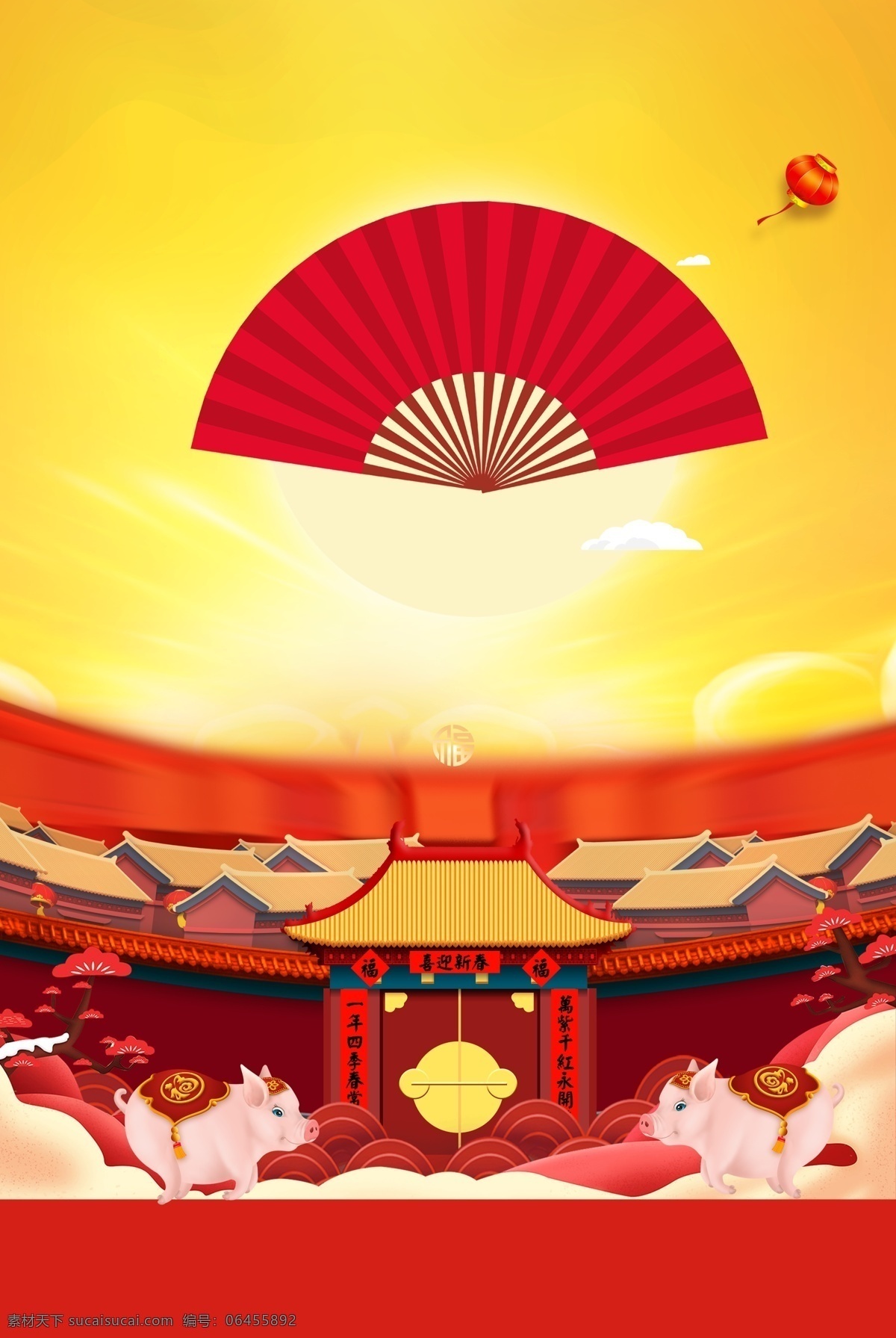 中国 风 2019 猪年 新春 海报 背景 房子 灯笼 中国风 喜庆 海报背景 过年 猪年海报 猪年主题 万事如意 大吉大利 门庭
