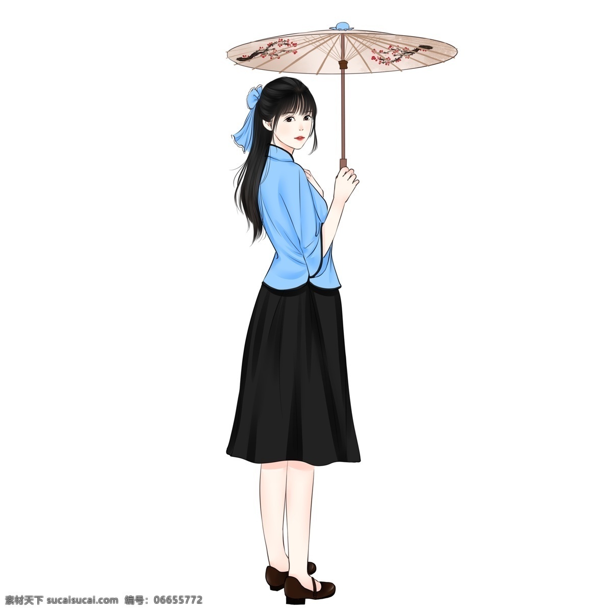 打着 印有 梅花 图案 油纸 雨伞 民国 少女 二 手绘 中国风 水彩 油纸雨伞 蓝色 蝴蝶结 发饰 长发飘飘 黑色裙子 学生装 黑色小皮鞋 侧身