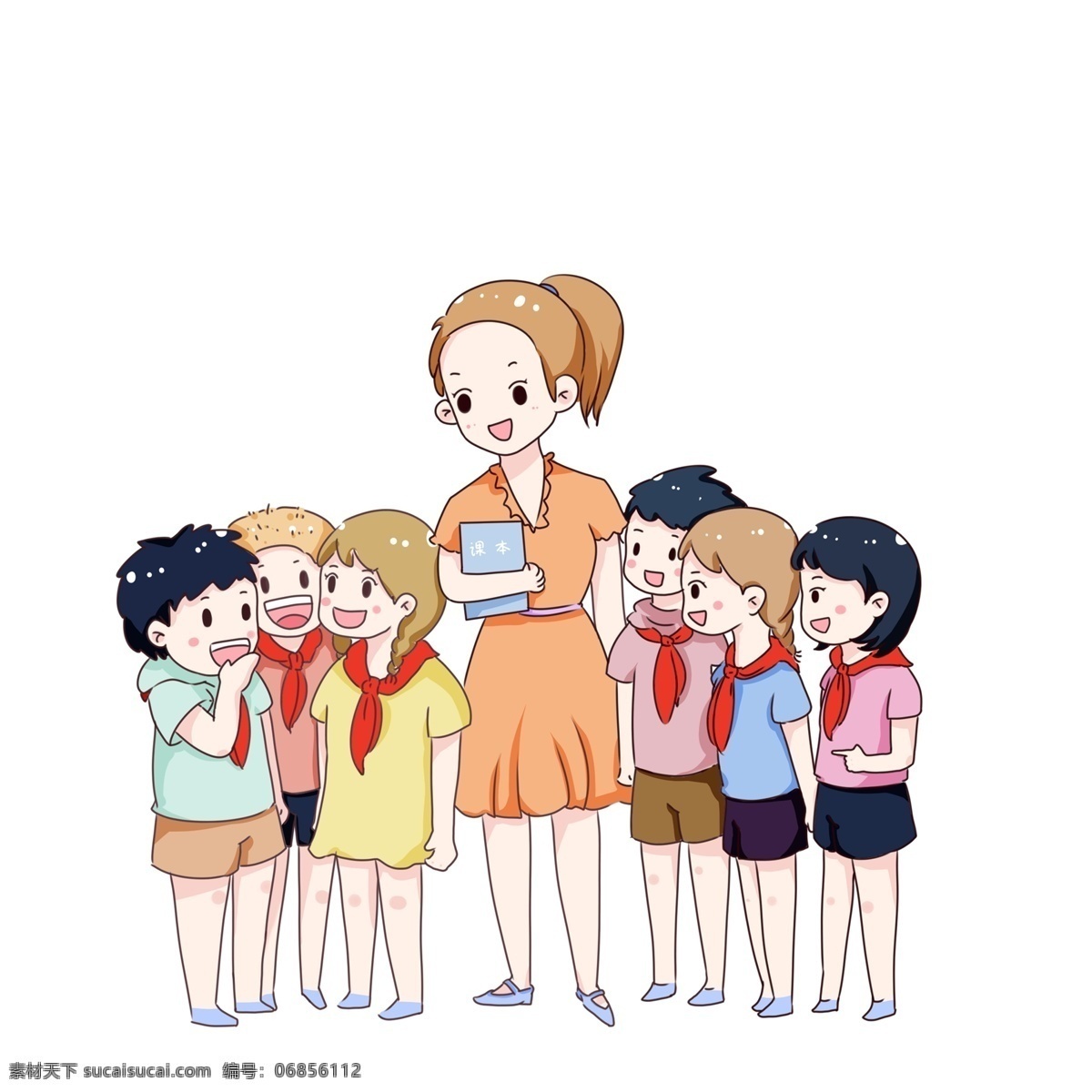 正在 学生 聊天 老师 免 扣 图 带 红领巾 男学生 女学生 女老师 拿着书本 正在和学生 聊天的老师 免扣图