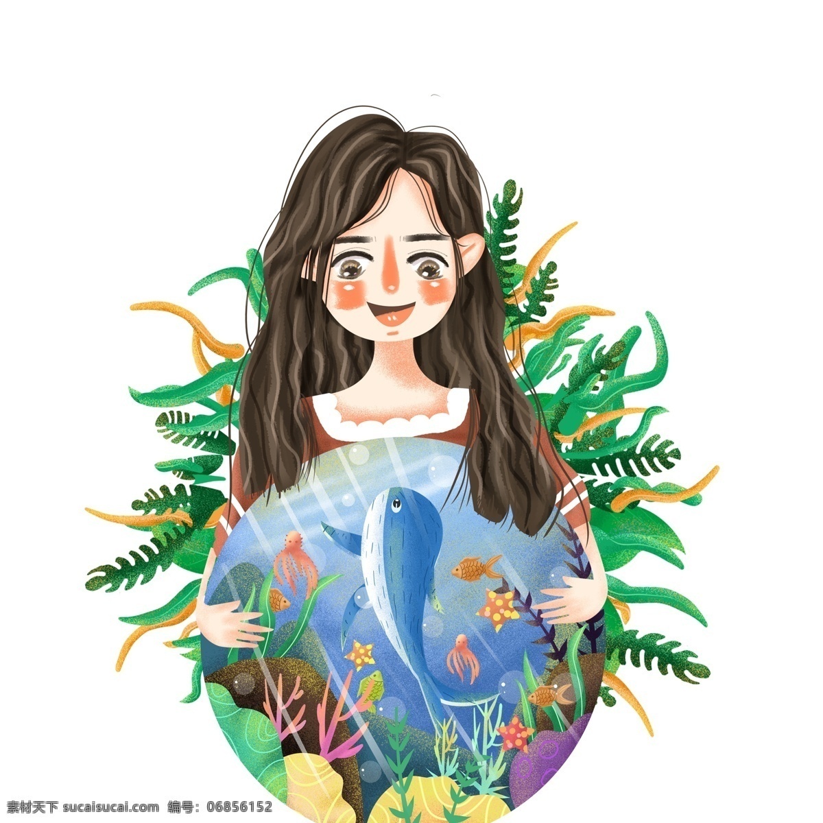 手 海洋 图案 女孩 元素 卡通人物 海洋环境 人物元素 绿叶 海底世界 简约 创意元素 psd元素 免抠元素