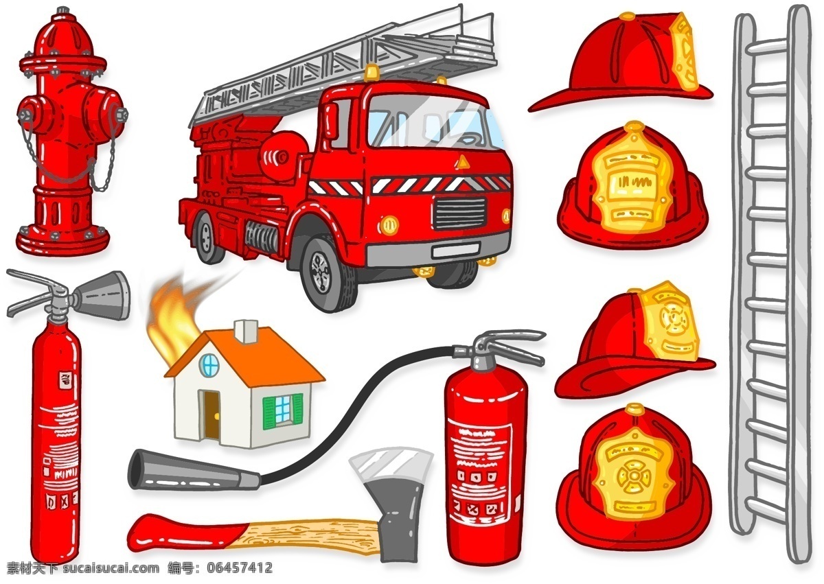 消防 用具 培训 矢量图 消防用品 灭火器 安全帽 消防车 安全培训
