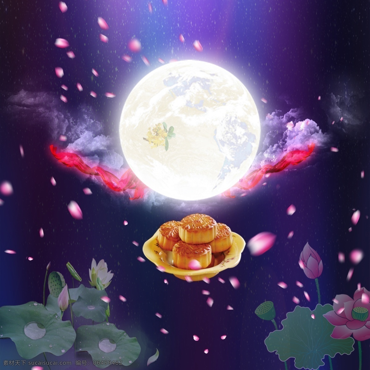 夜色 中秋 佳节 背景 月饼 荷花 云 花瓣 中国风