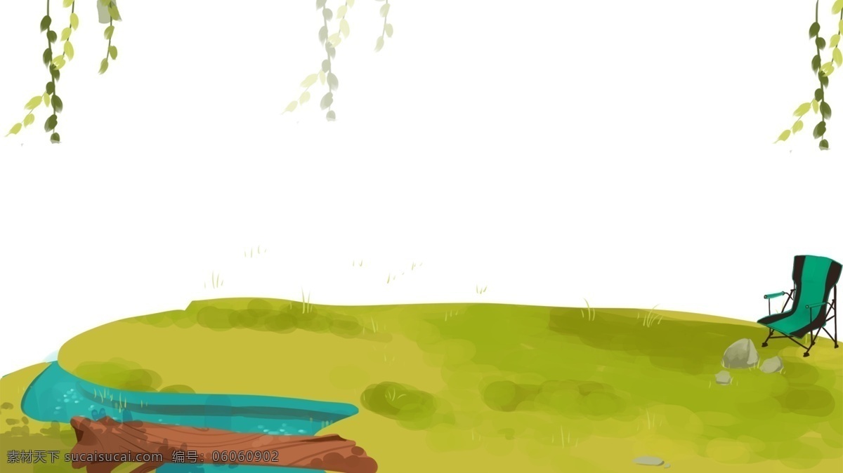 小桥流水 草地 柳枝 创意设计 卡通 海报插画 手绘 精美插画 广告插画 小清新 简约 图案 装饰设计