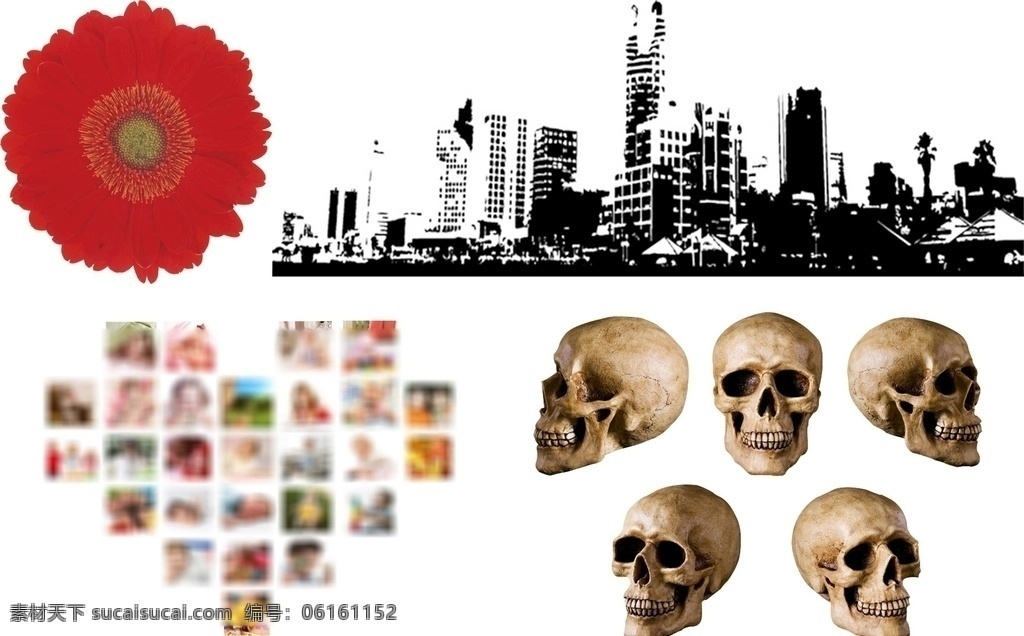网站设计 小 骷髅 骷髅头 背景 剪影 城市剪影 心 形状 花朵 广告海报 web 界面设计 图标按钮