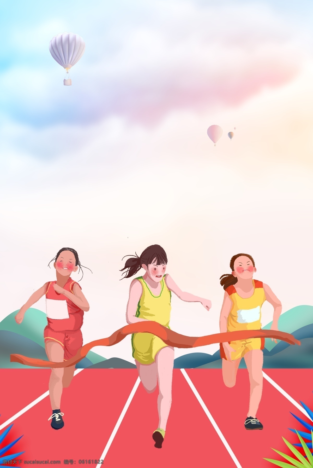 田径 比赛 春季 运动会 海报 卡通跑道 卡通人物 运动员 女性 跑步比赛 体育运动 奥运会 校园运动会 短跑比赛