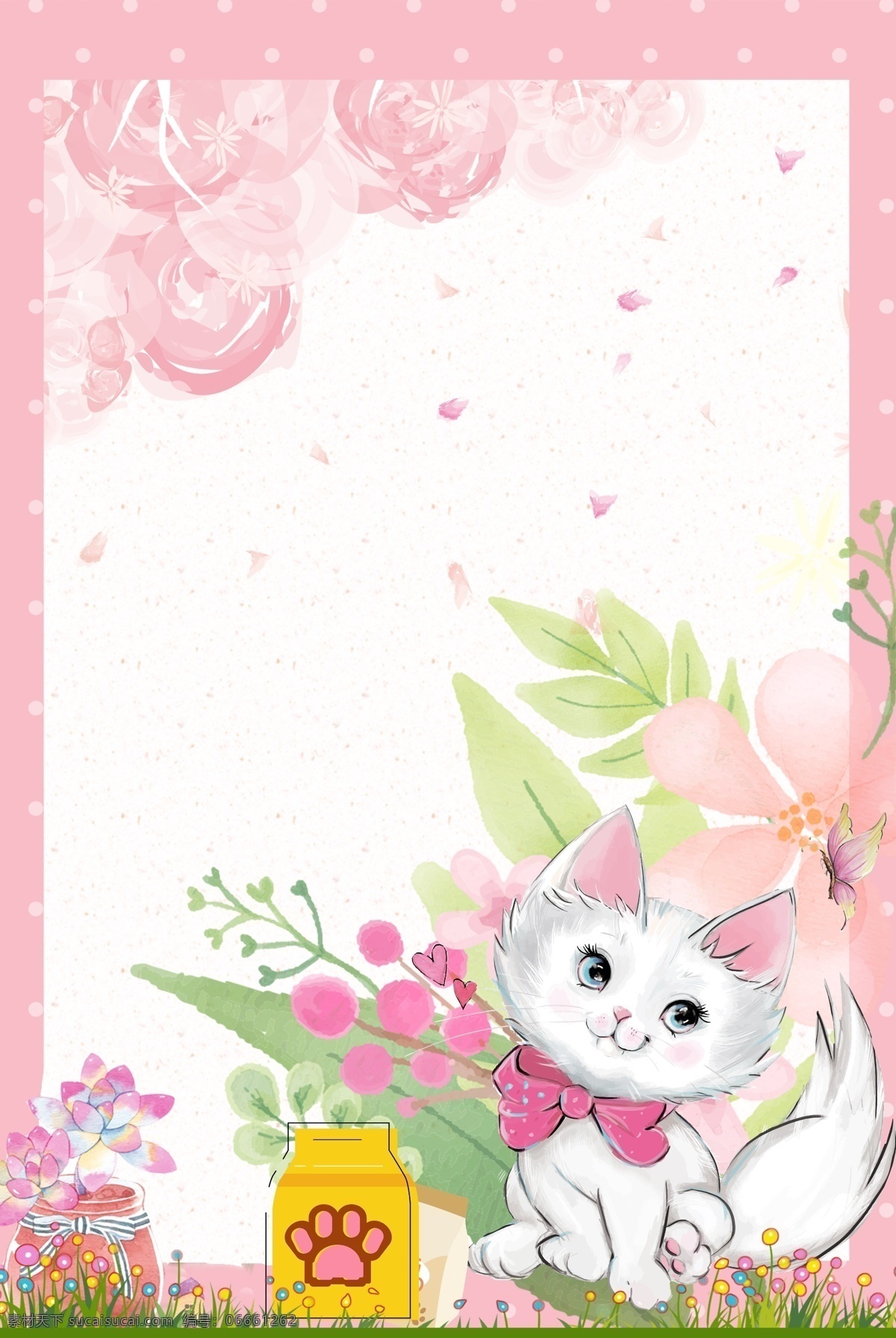 春天 宠物 猫 花边 框 可爱 边框 粉色 花草 猫猫 猫咪 白猫 猫食 宠物食品 萌系 动物