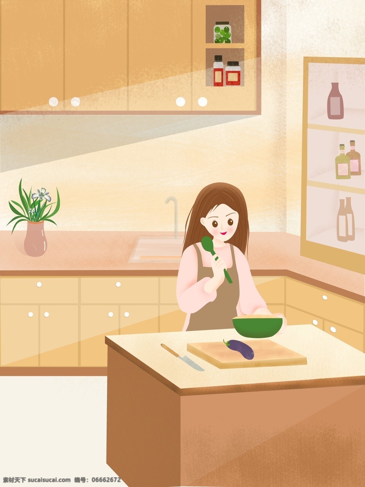 原创 家居 厨房 做饭 女孩 商业 插画 女孩插画 做饭女孩 家居插画